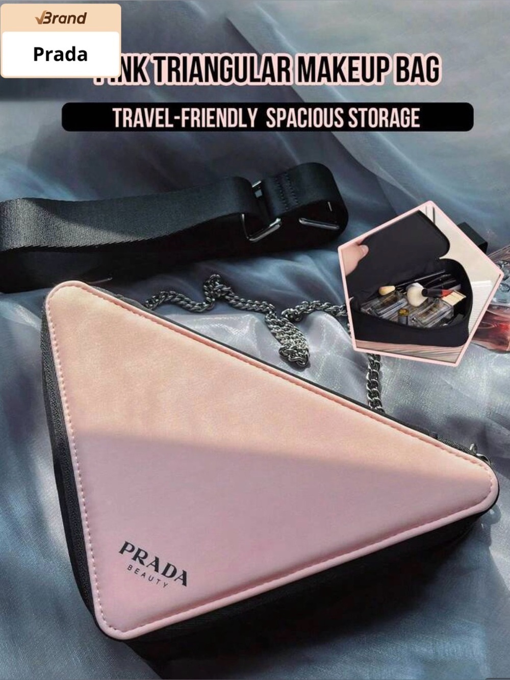 New Arrivals! Prada Beauty Pale Pink & Black Triangular Cosmetic Case . - Picture 1 of 10